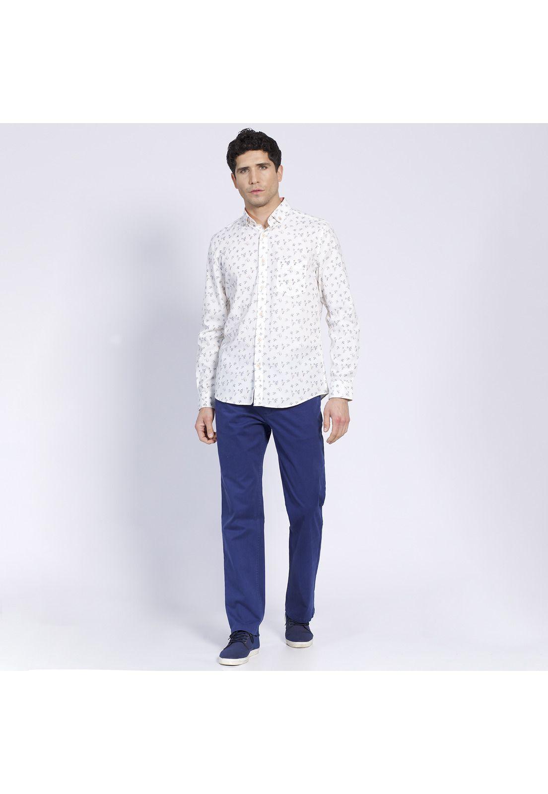 Camisa Manga Larga Oxford Estampada Slim Fit Botón Cuello Blanca-0