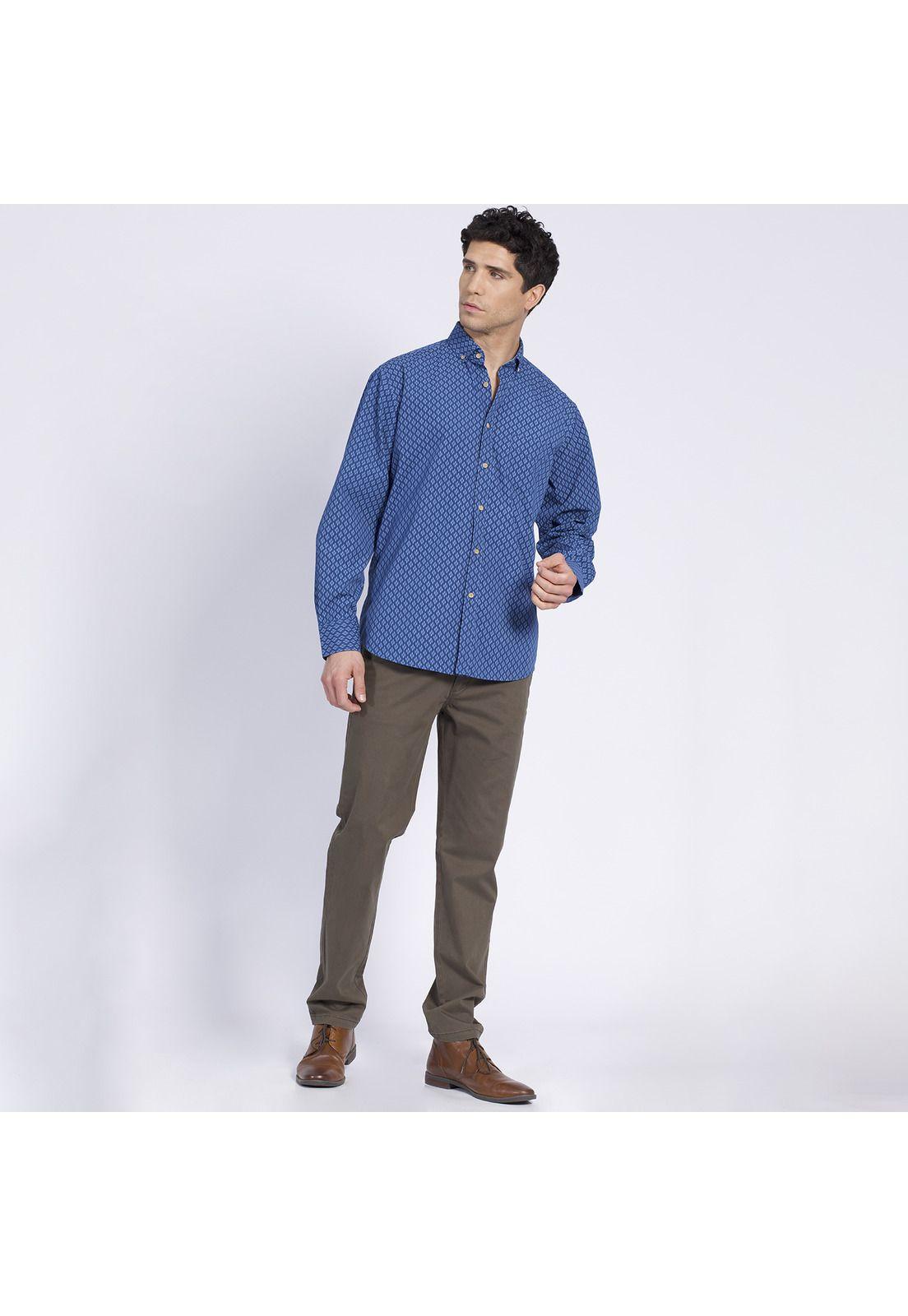 Camisa Manga Larga Trevira Estampada Regular Fit Botón Cuello Azul-0
