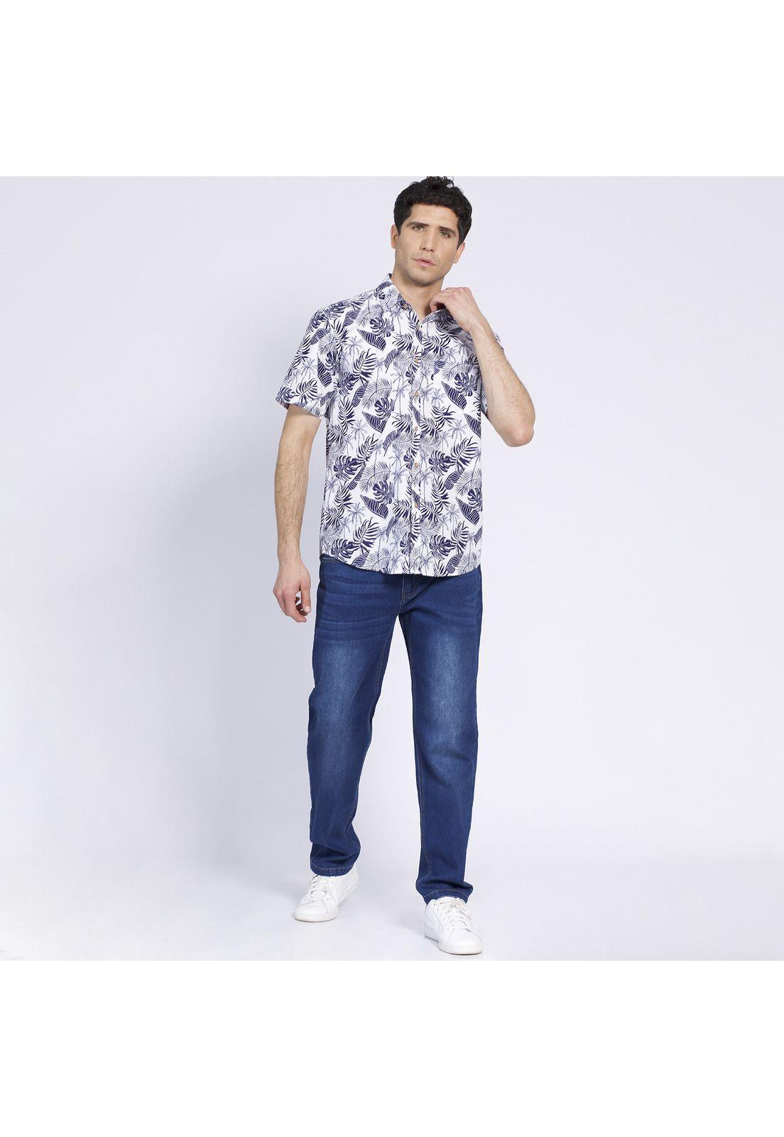 Camisa Manga Corta Guayabera Estampada Regular Fit Cuello Semi Italiano Azul-1