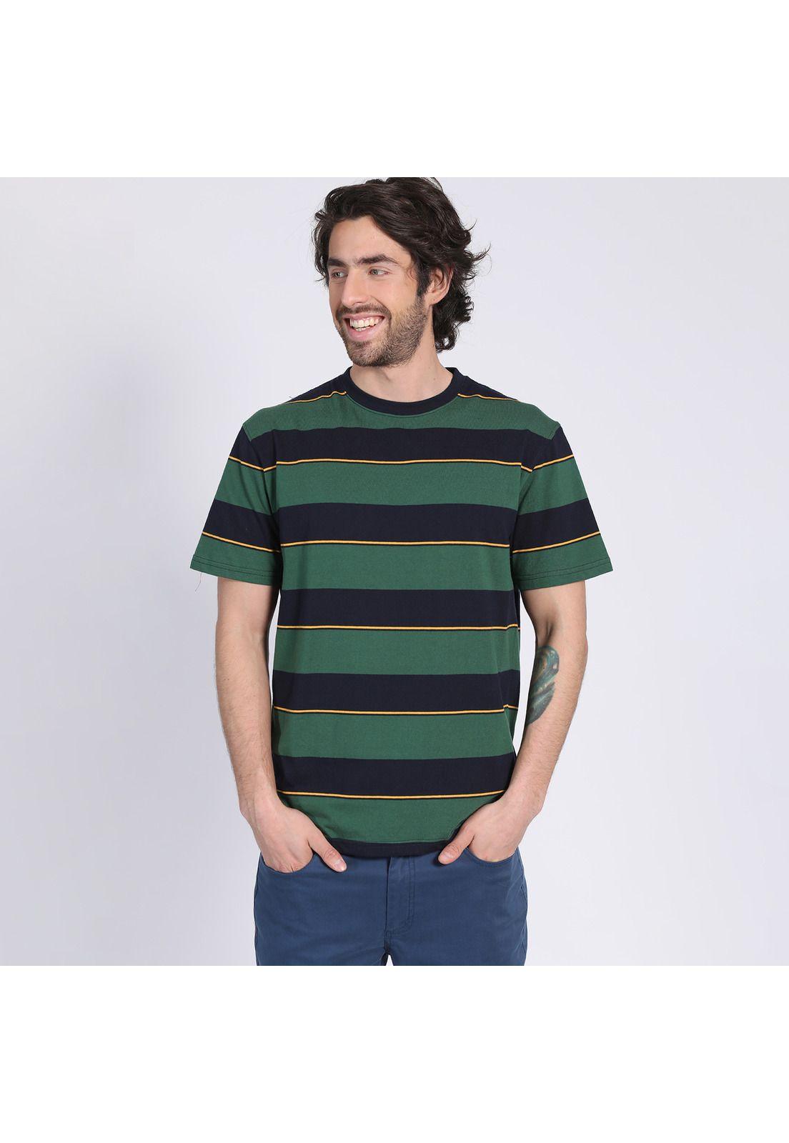 Polera Manga Corta Jersey Listada Cuello Redondo Verde oscuro-1