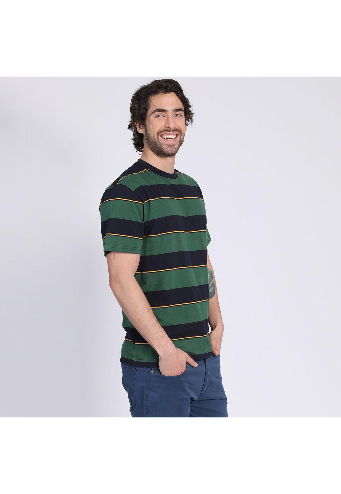 Polera Manga Corta Jersey Listada Cuello Redondo Verde oscuro-2