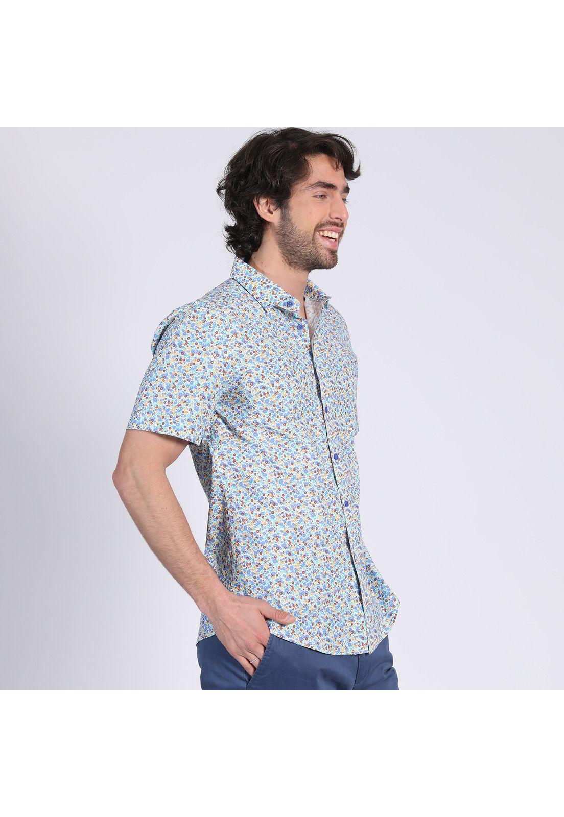 Camisa Manga Corta Fantasía Estampada Slim Fit Cuello Semi Italiano Blanco-0