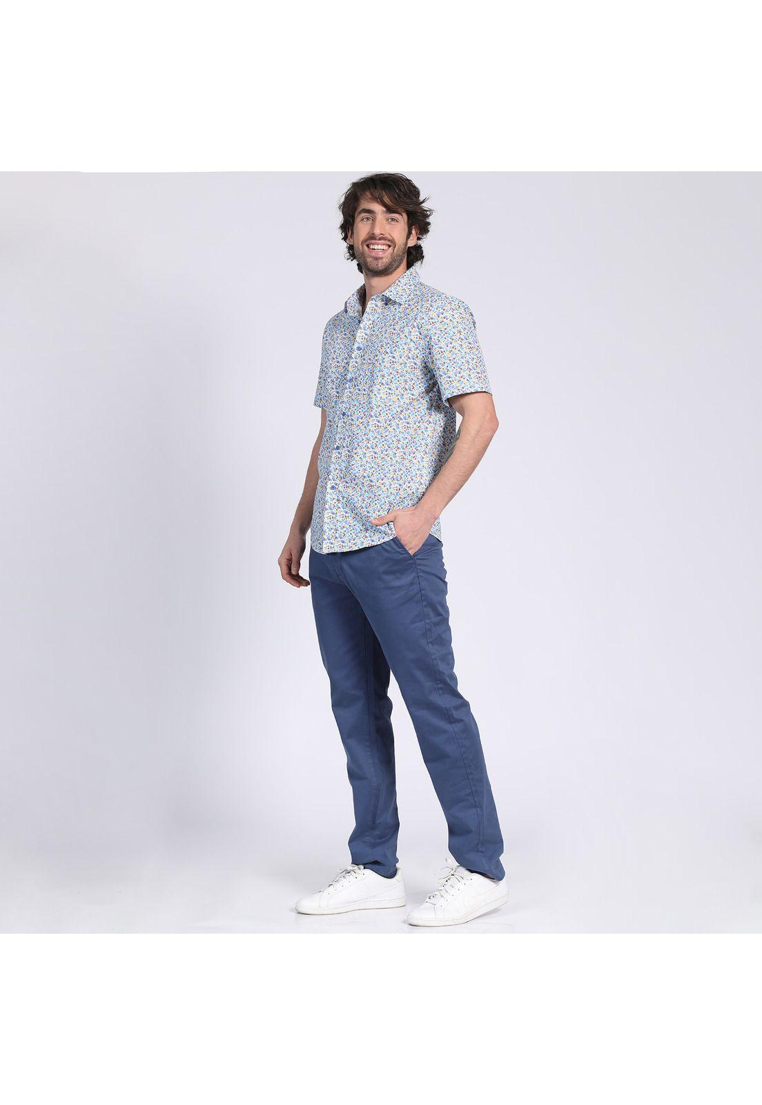 Camisa Manga Corta Fantasía Estampada Slim Fit Cuello Semi Italiano Blanco-1