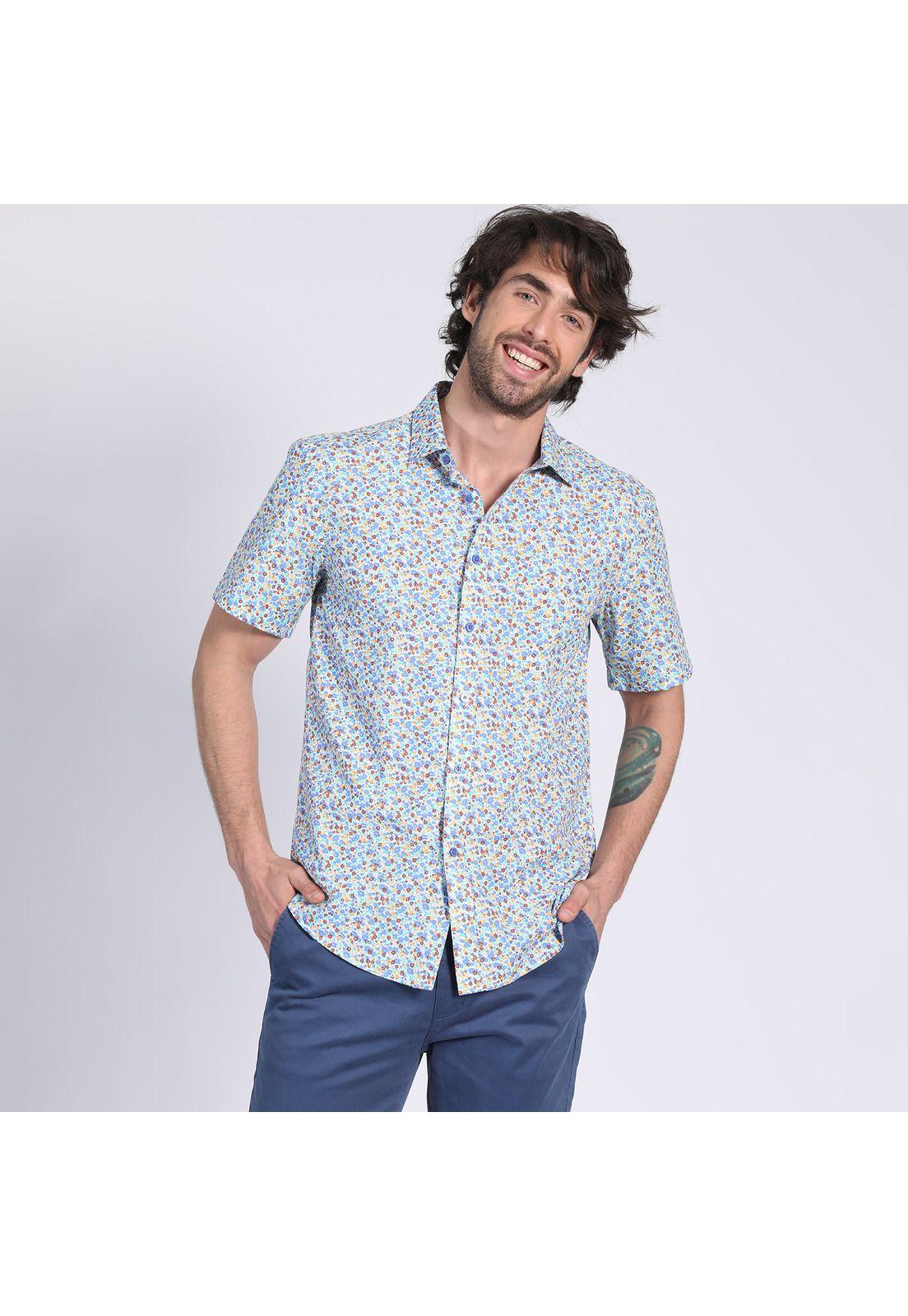 Camisa Manga Corta Fantasía Estampada Slim Fit Cuello Semi Italiano Blanco-2