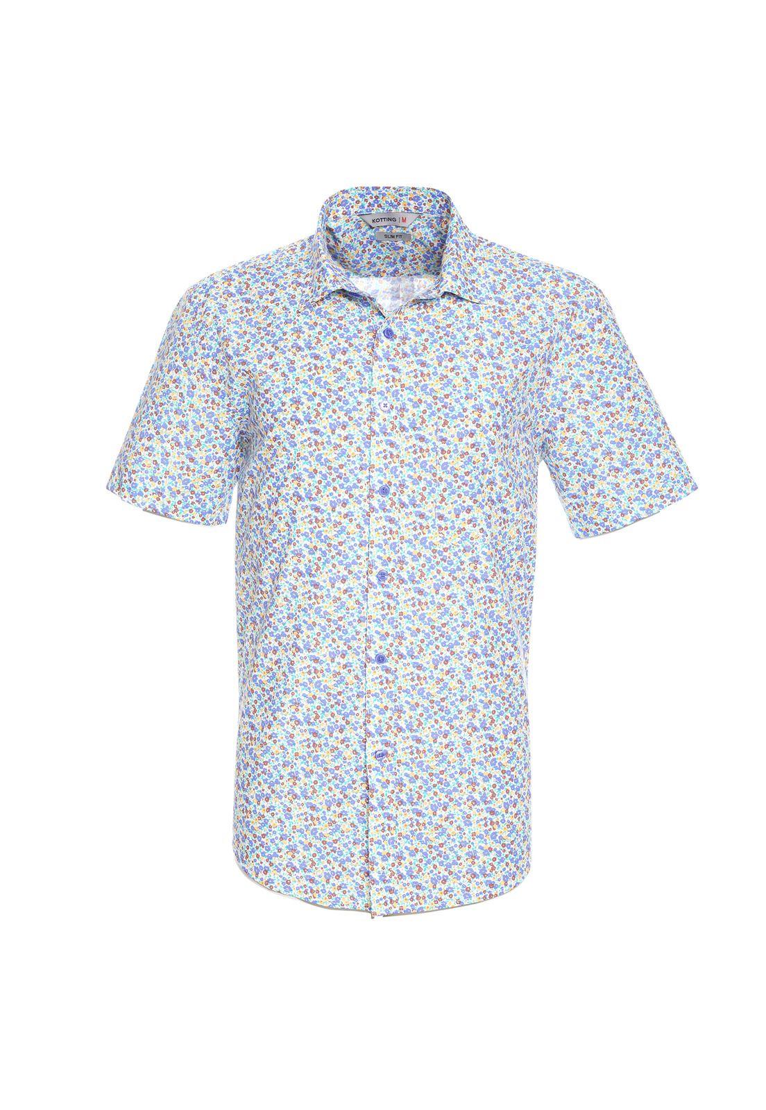 Camisa Manga Corta Fantasía Estampada Slim Fit Cuello Semi Italiano Blanco-3