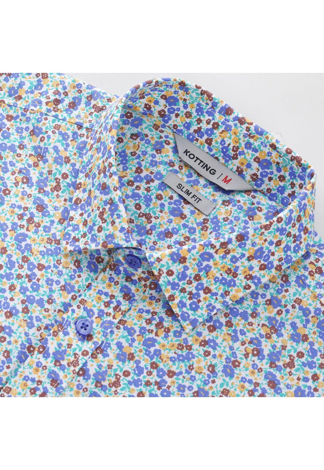 Camisa Manga Corta Fantasía Estampada Slim Fit Cuello Semi Italiano Blanco-4