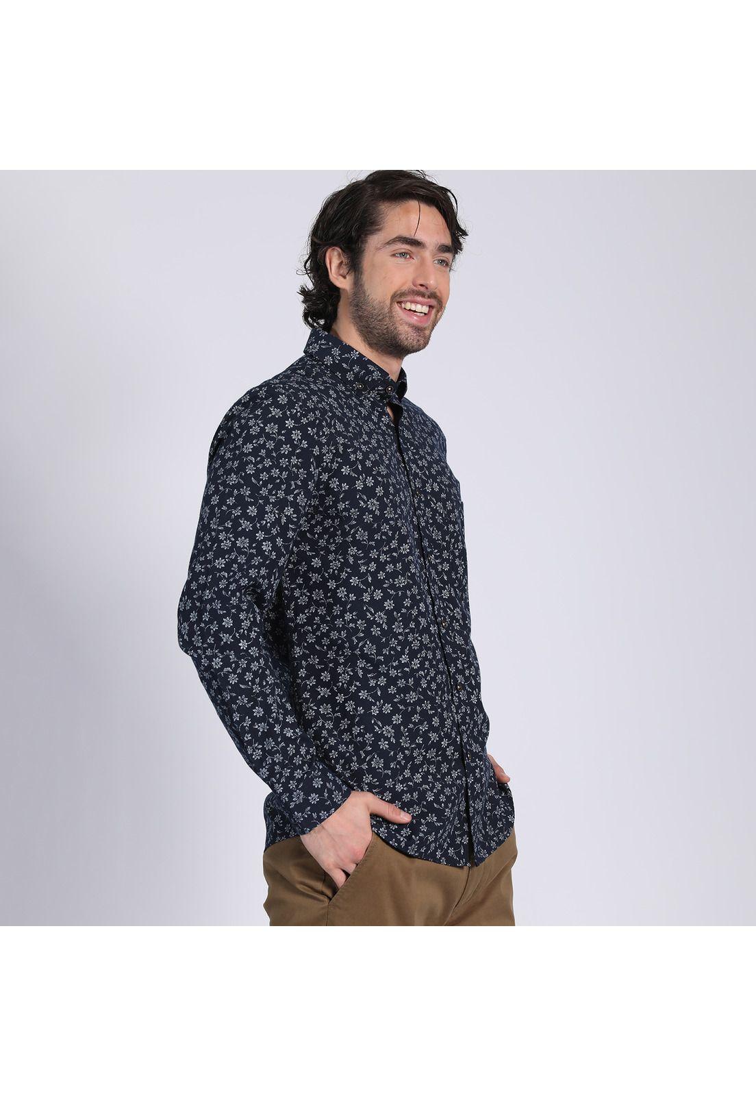 Camisa Manga Larga Oxford Estampada Slim Fit Botón Cuello Azul-2