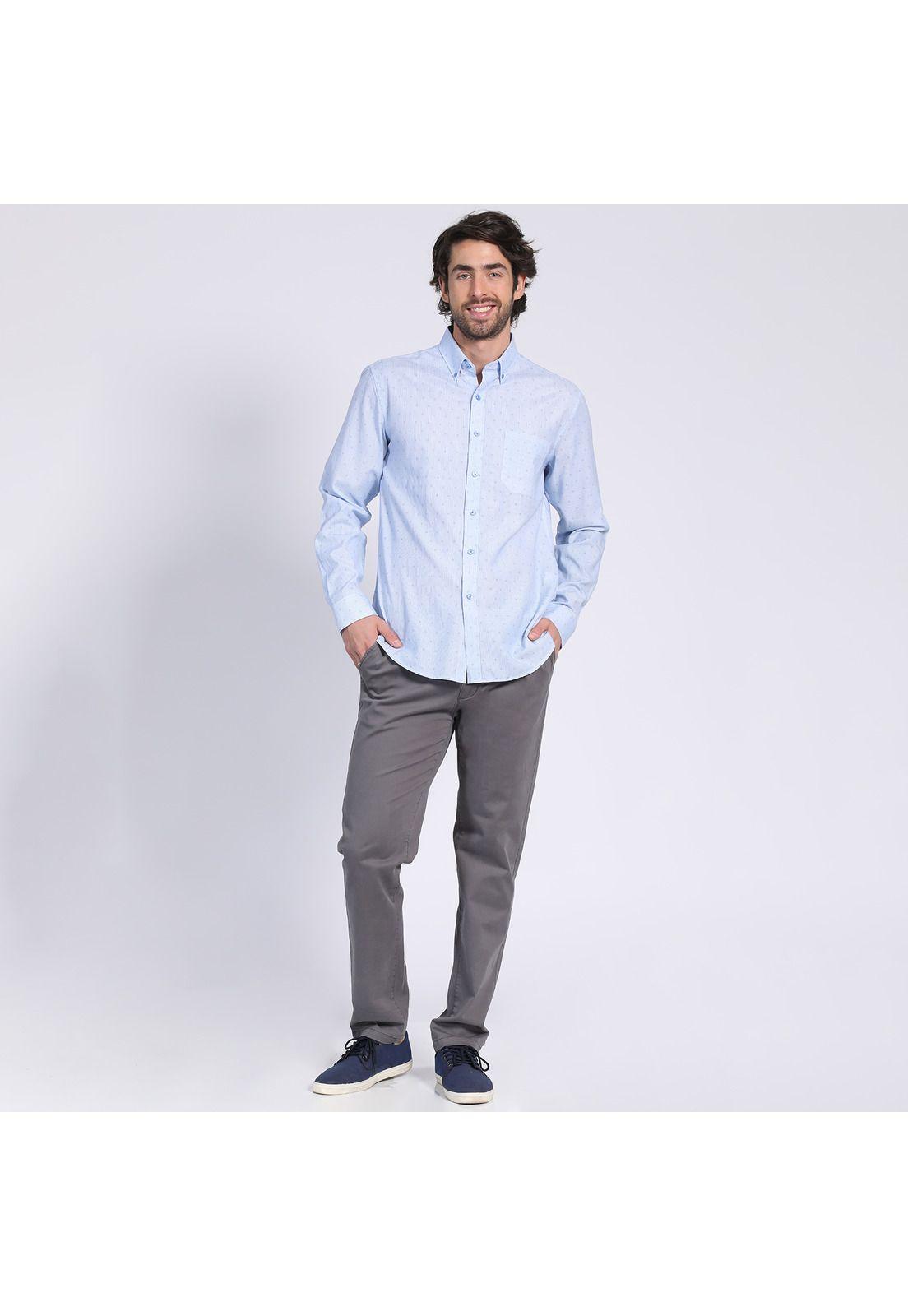 Camisa Manga Larga Fantasía Estampada Slim Fit Botón Cuello Celeste-0