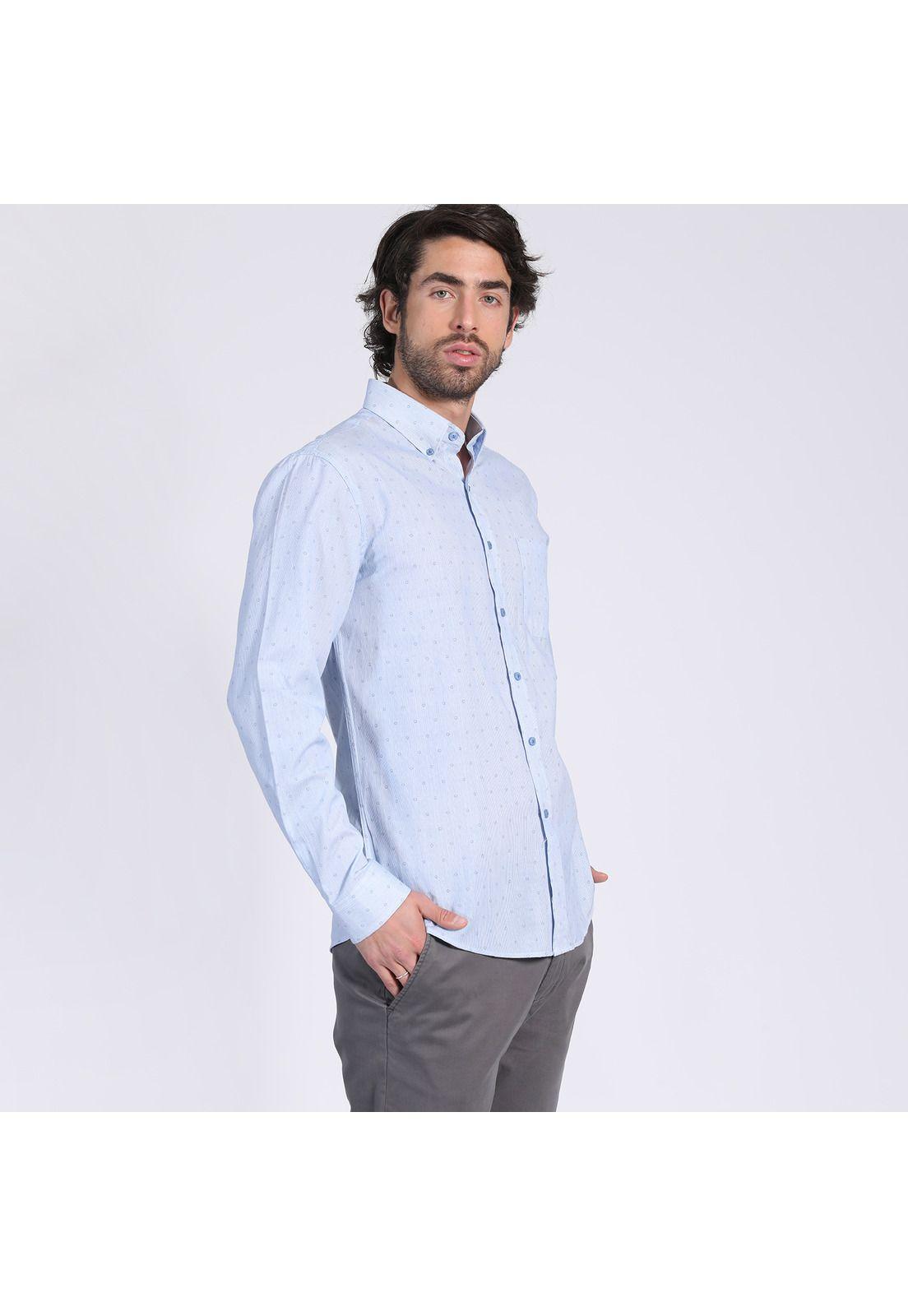 Camisa Manga Larga Fantasía Estampada Slim Fit Botón Cuello Celeste-1