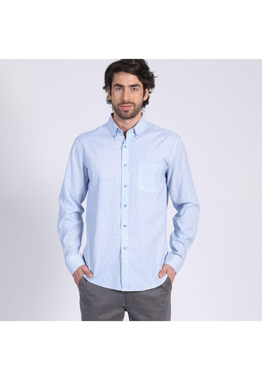 Camisa Manga Larga Fantasía Estampada Slim Fit Botón Cuello Celeste-2