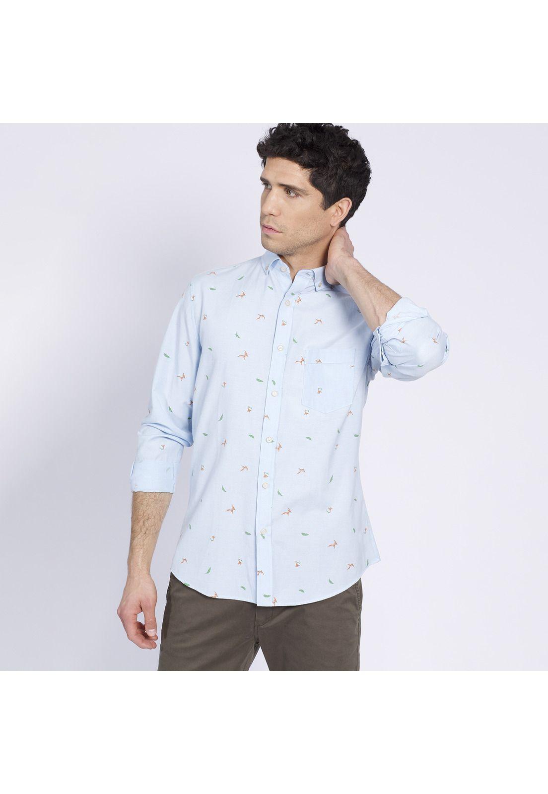 Camisa Manga Larga Oxford Estampada Slim Fit Botón Cuello Celeste-1