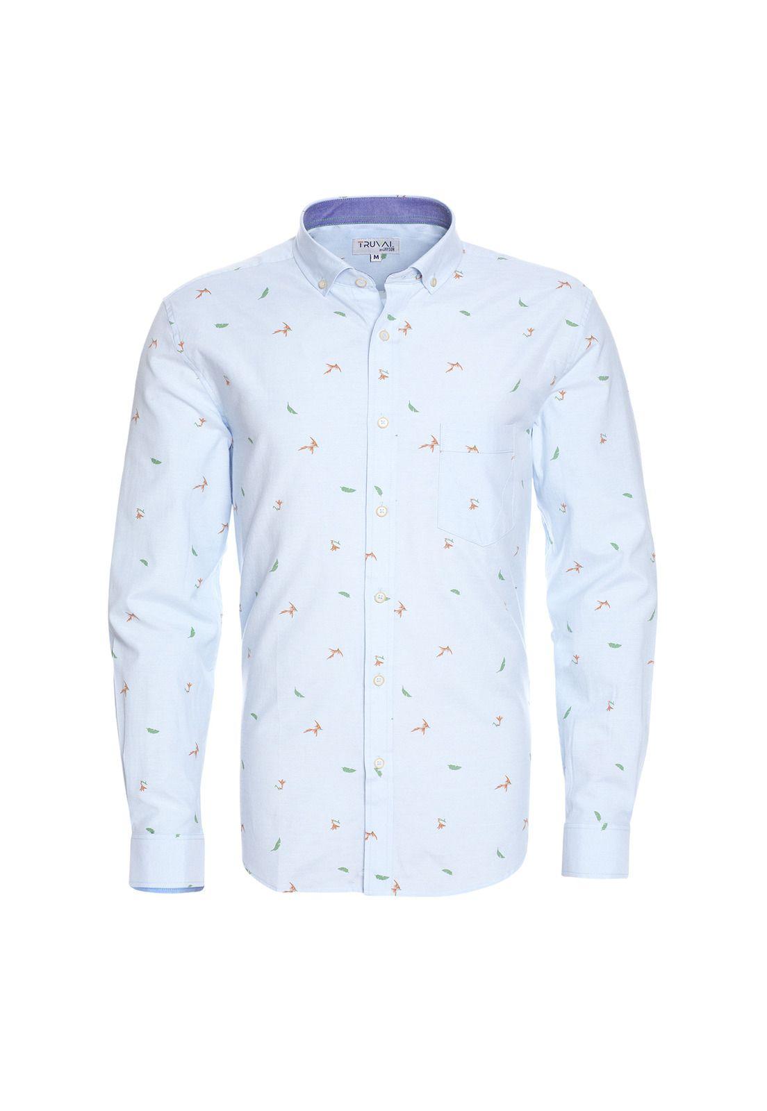 Camisa Manga Larga Oxford Estampada Slim Fit Botón Cuello Celeste-4