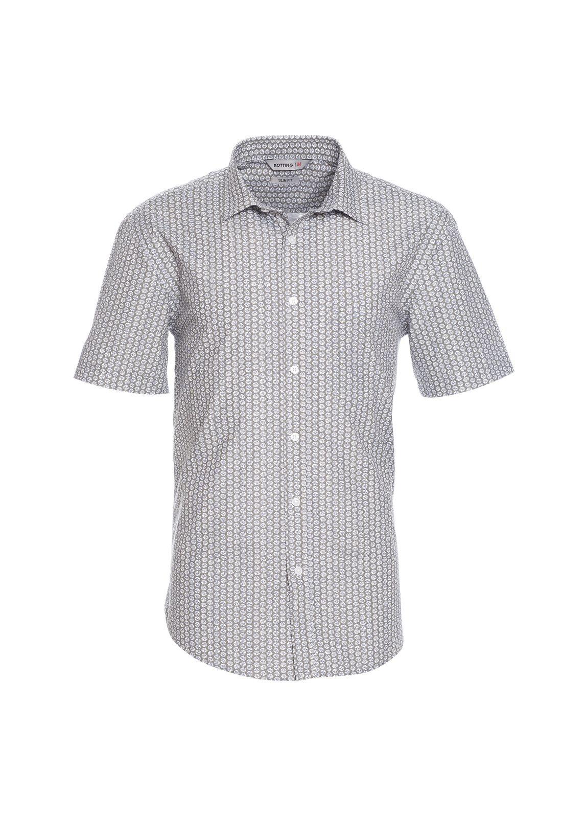 Camisa Manga Corta Fantasía Estampada Slim Fit Cuello Semi Italiano Gris-0