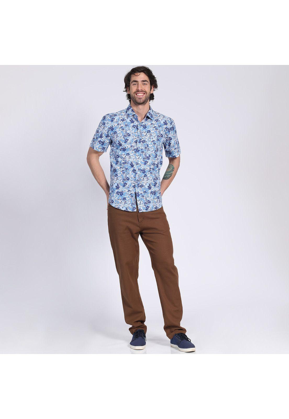 Camisa Manga Corta Fantasía Estampada Slim Fit Cuello Semi Italiano Celeste-0