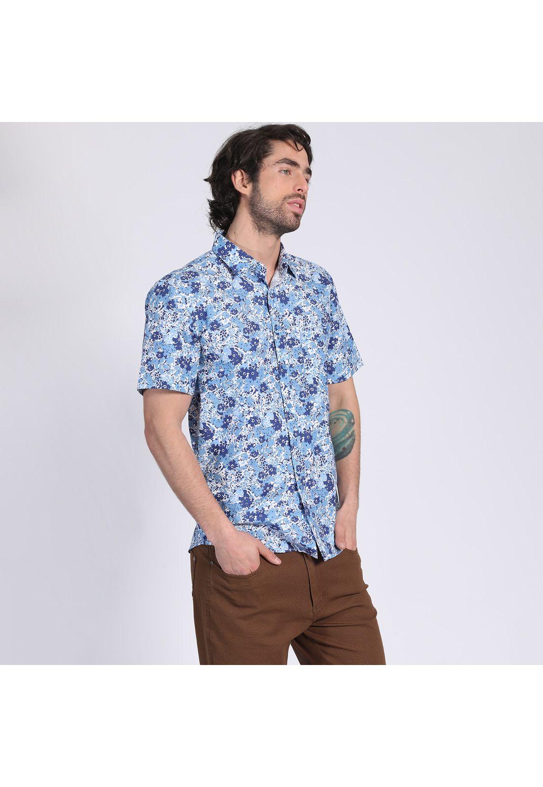 Camisa Manga Corta Fantasía Estampada Slim Fit Cuello Semi Italiano Celeste-1
