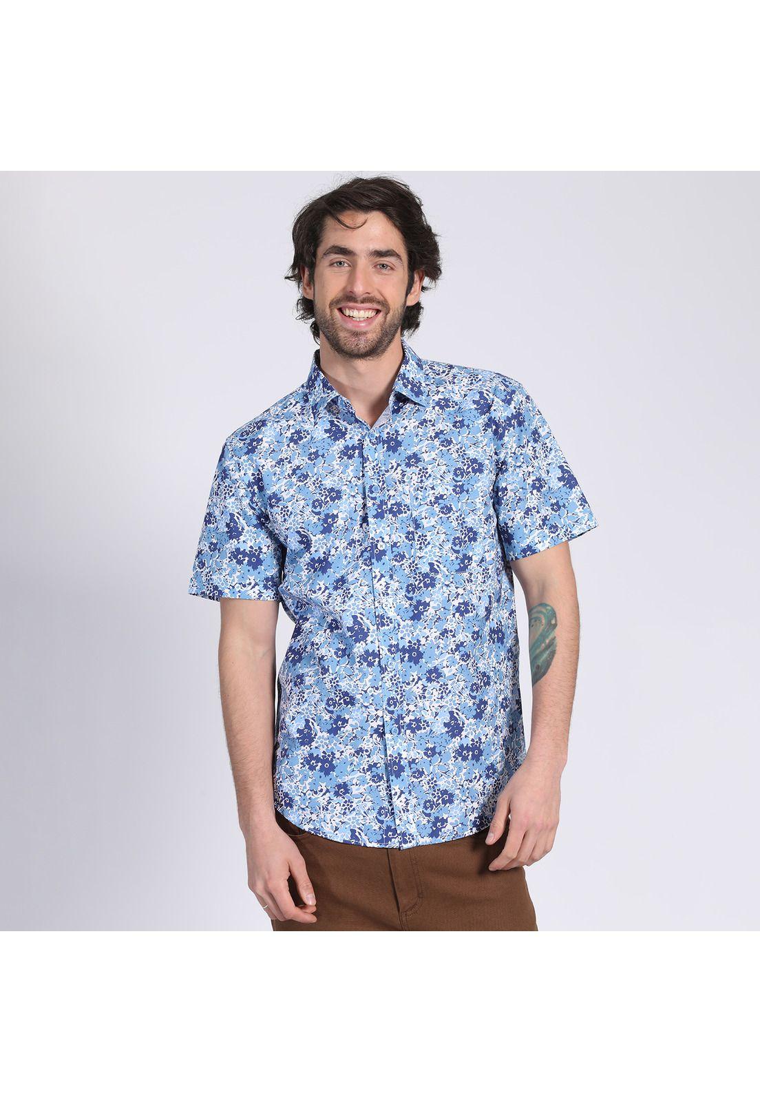 Camisa Manga Corta Fantasía Estampada Slim Fit Cuello Semi Italiano Celeste-2