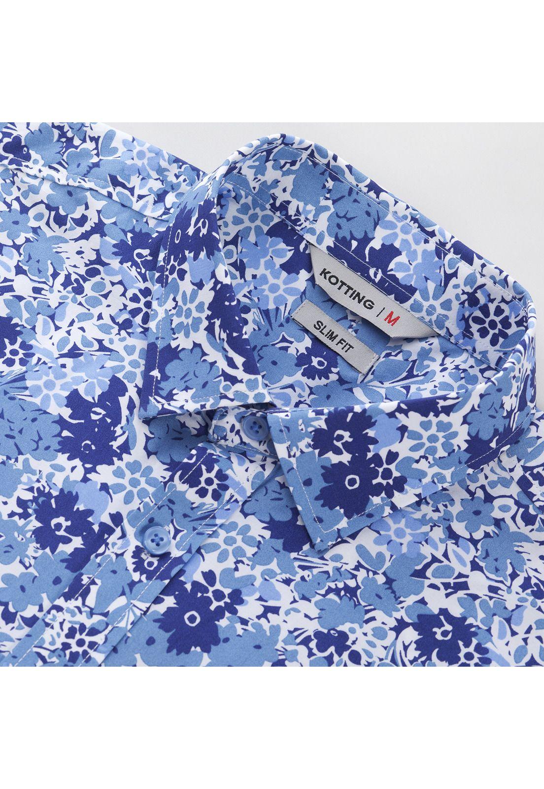 Camisa Manga Corta Fantasía Estampada Slim Fit Cuello Semi Italiano Celeste-3