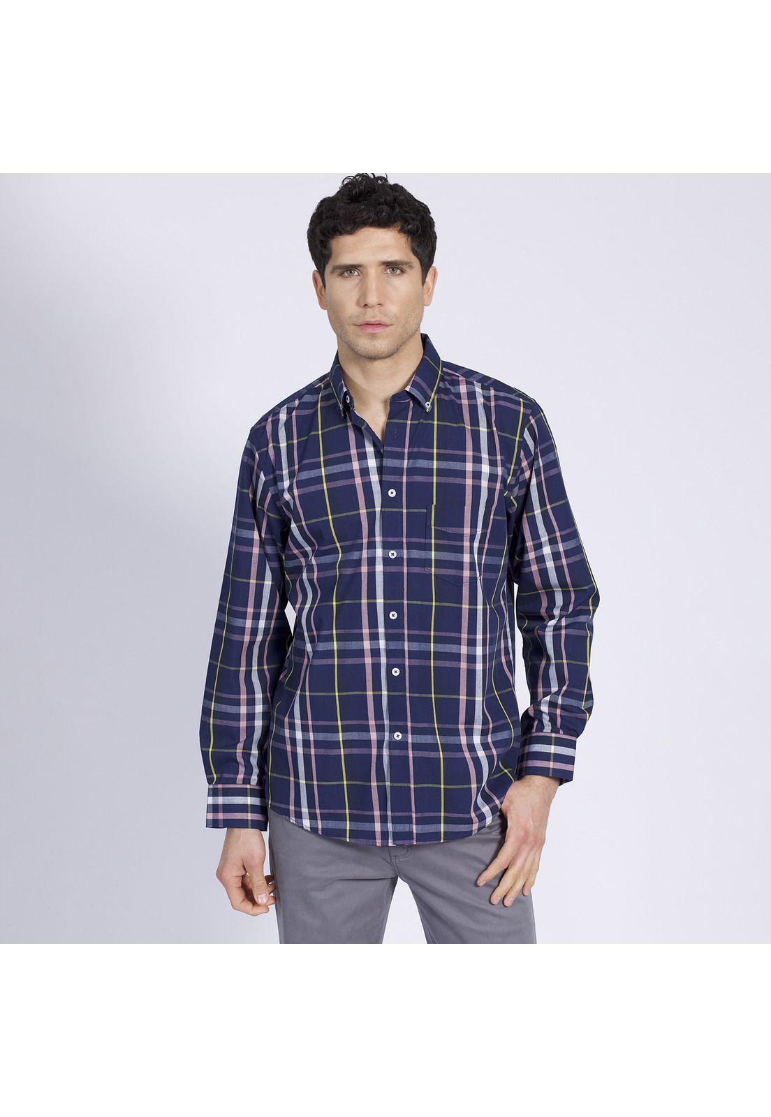 Camisa Manga Larga Trevira Fantasía Regular Fit Botón Cuello Azul marino-0