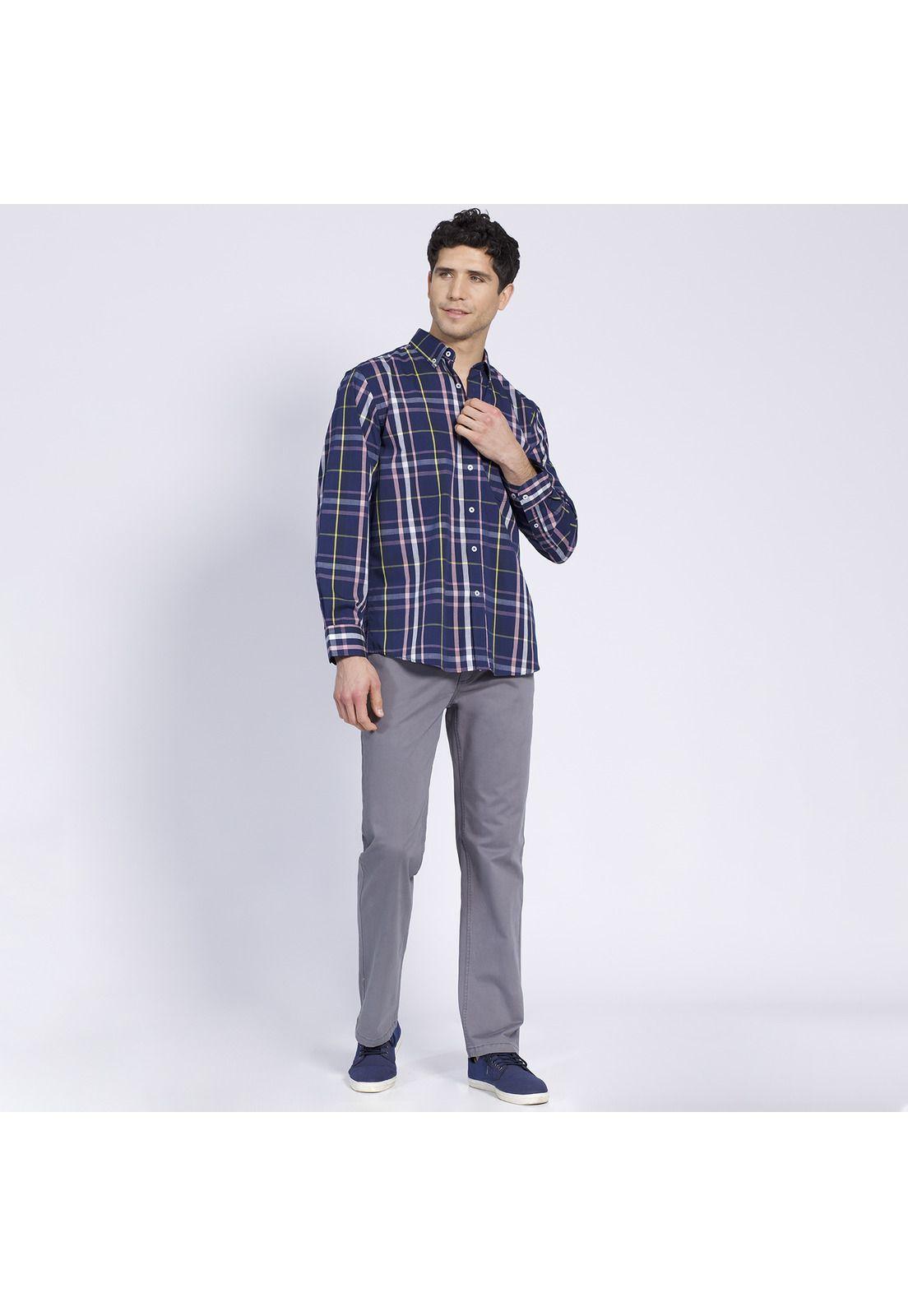 Camisa Manga Larga Trevira Fantasía Regular Fit Botón Cuello Azul marino-1