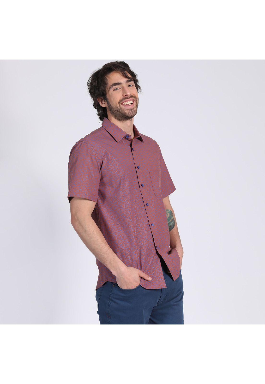 Camisa Manga Corta Fantasía Estampada Slim Fit Cuello Semi Italiano Naranja-1