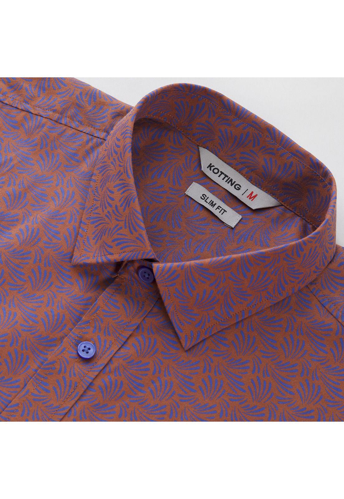 Camisa Manga Corta Fantasía Estampada Slim Fit Cuello Semi Italiano Naranja-3