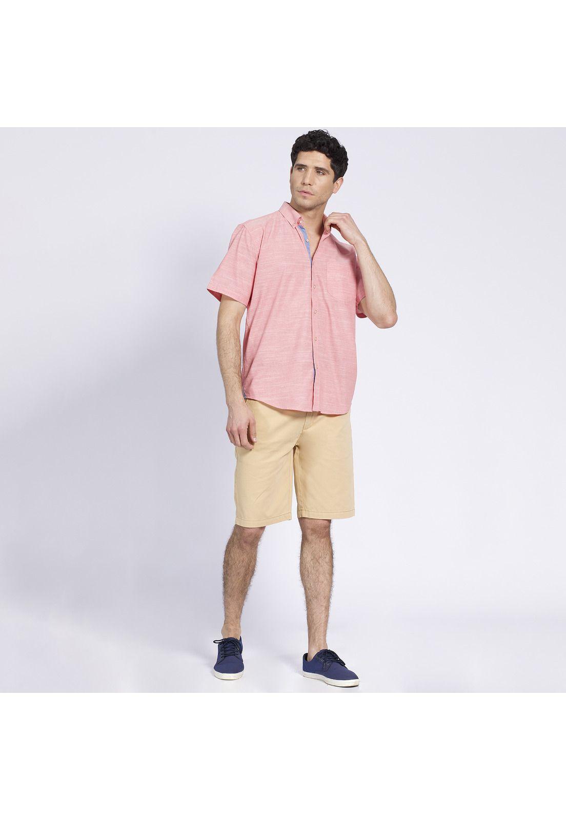 Camisa Manga Corta Fantasía Lisa Regular Fit Botón Cuello Rosado-0