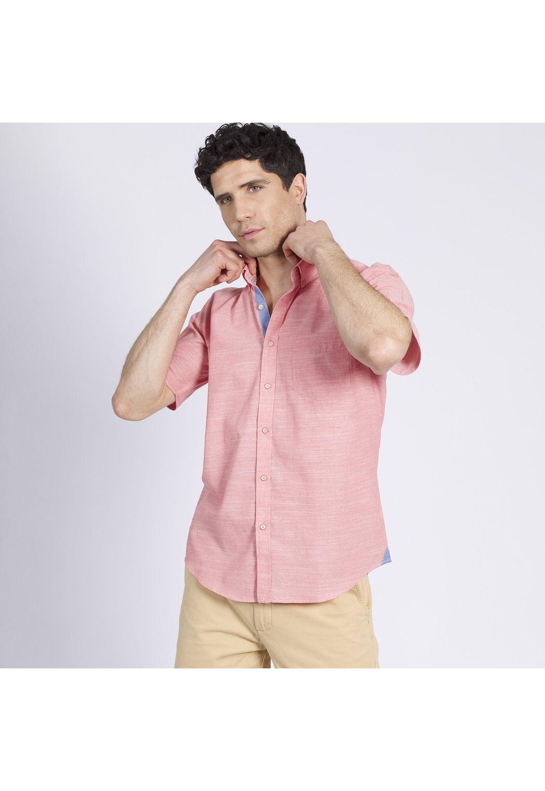 Camisa Manga Corta Fantasía Lisa Regular Fit Botón Cuello Rosado-1