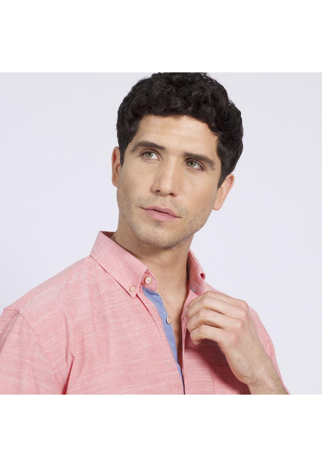 Camisa Manga Corta Fantasía Lisa Regular Fit Botón Cuello Rosado-2