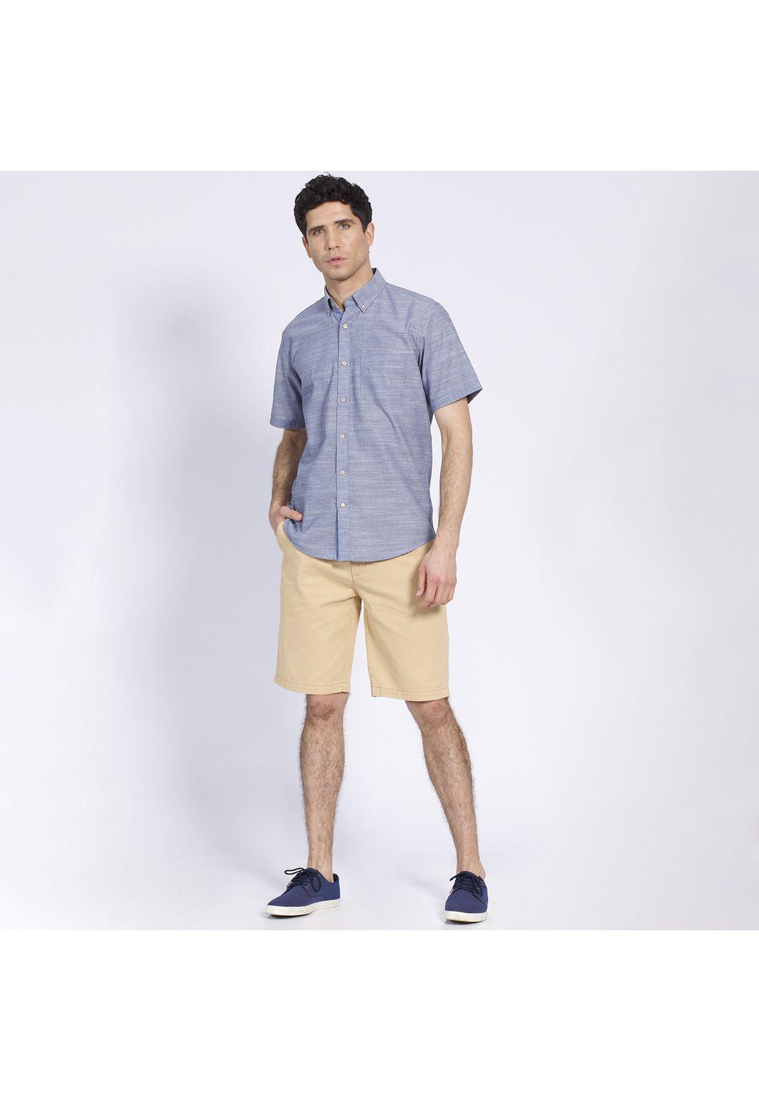 Camisa Manga Corta Fantasía Lisa Regular Fit Botón Cuello Azul-0