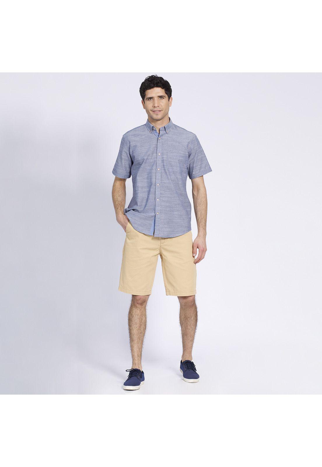 Camisa Manga Corta Fantasía Lisa Regular Fit Botón Cuello Azul-1