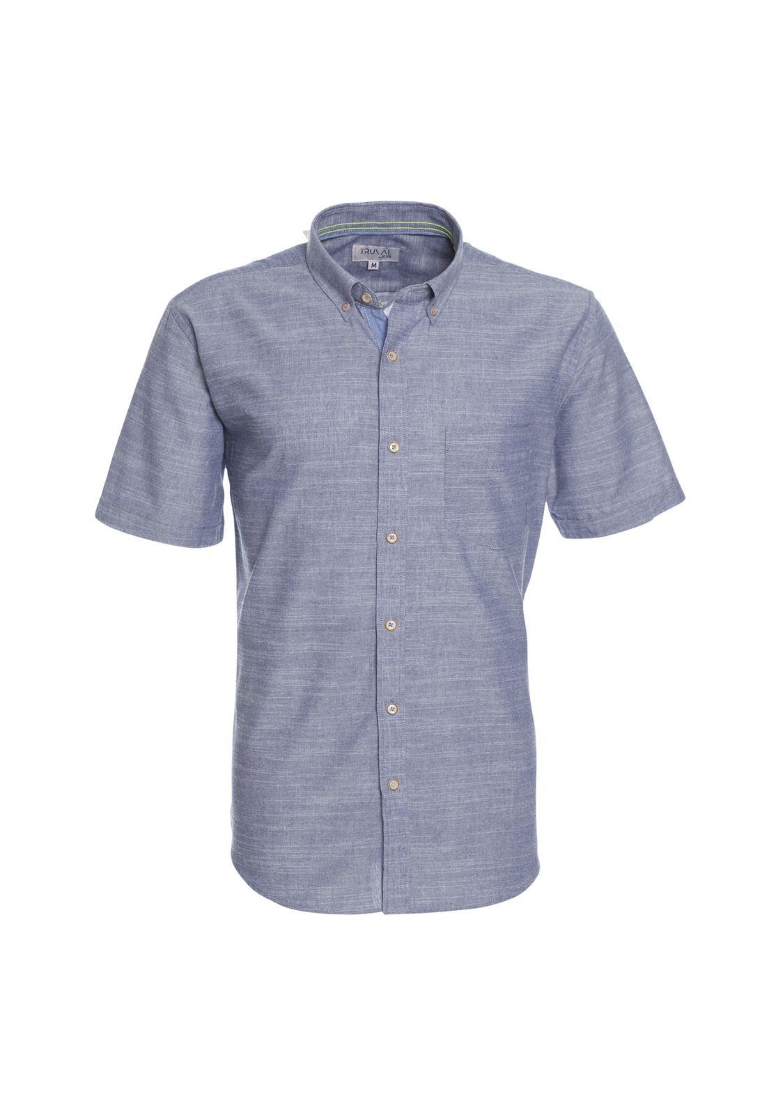 Camisa Manga Corta Fantasía Lisa Regular Fit Botón Cuello Azul-4