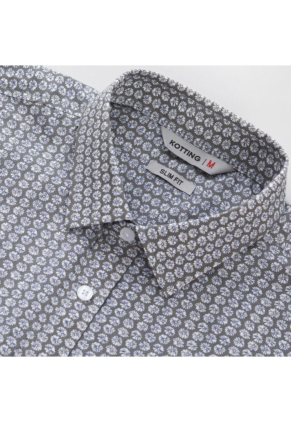 Camisa Manga Corta Fantasía Estampada Slim Fit Cuello Semi Italiano Gris-3