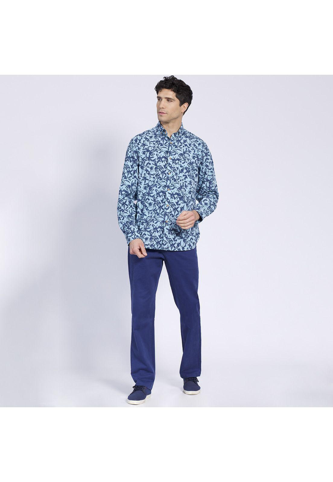 Camisa Manga Larga Trevira Estampada Regular Fit Botón Cuello Celeste-0