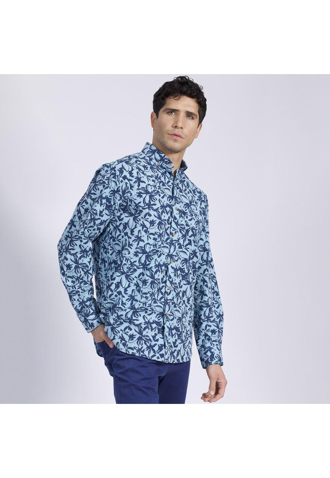 Camisa Manga Larga Trevira Estampada Regular Fit Botón Cuello Celeste-1