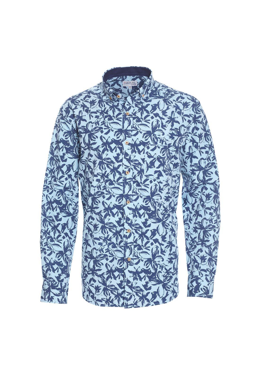 Camisa Manga Larga Trevira Estampada Regular Fit Botón Cuello Celeste-4