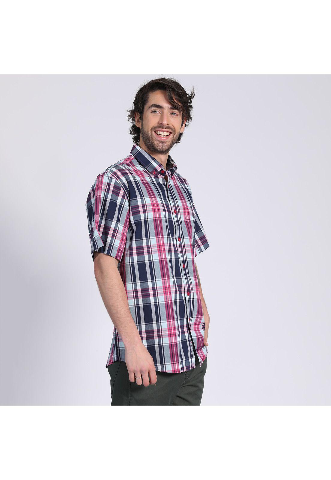 Camisa Manga Corta Fantasía Premium Botón Cuello Regular Fit Botón Cuello Fucsia-0