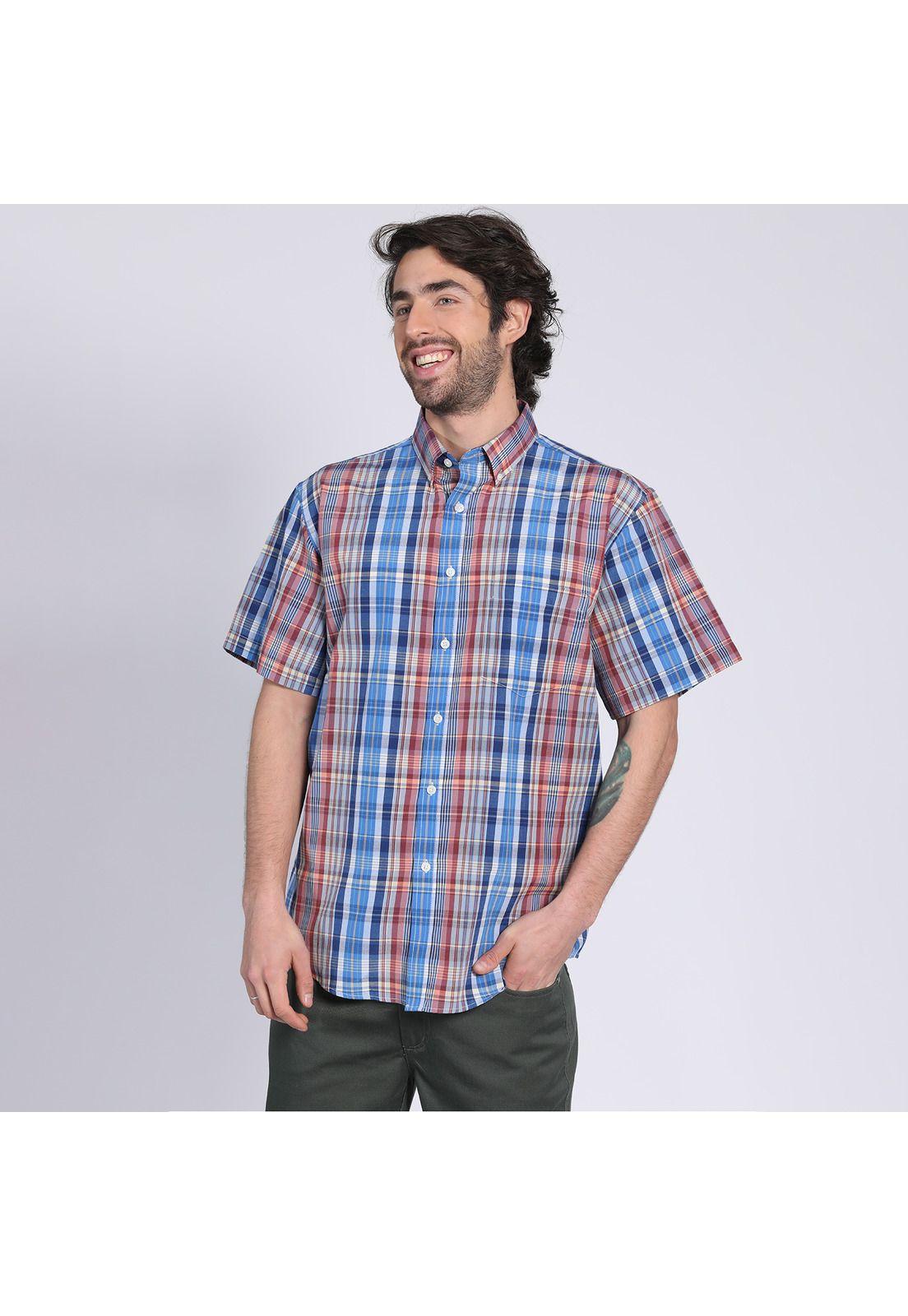 Camisa Manga Corta Fantasía Clásica Botón Cuello Regular Fit Botón Cuello Azul-1