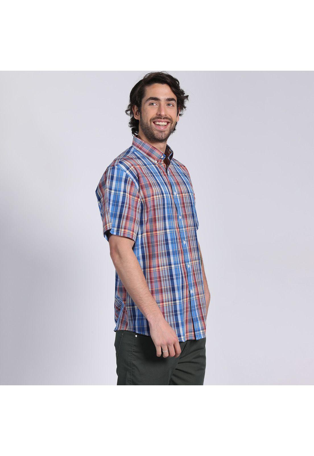 Camisa Manga Corta Fantasía Clásica Botón Cuello Regular Fit Botón Cuello Azul-2