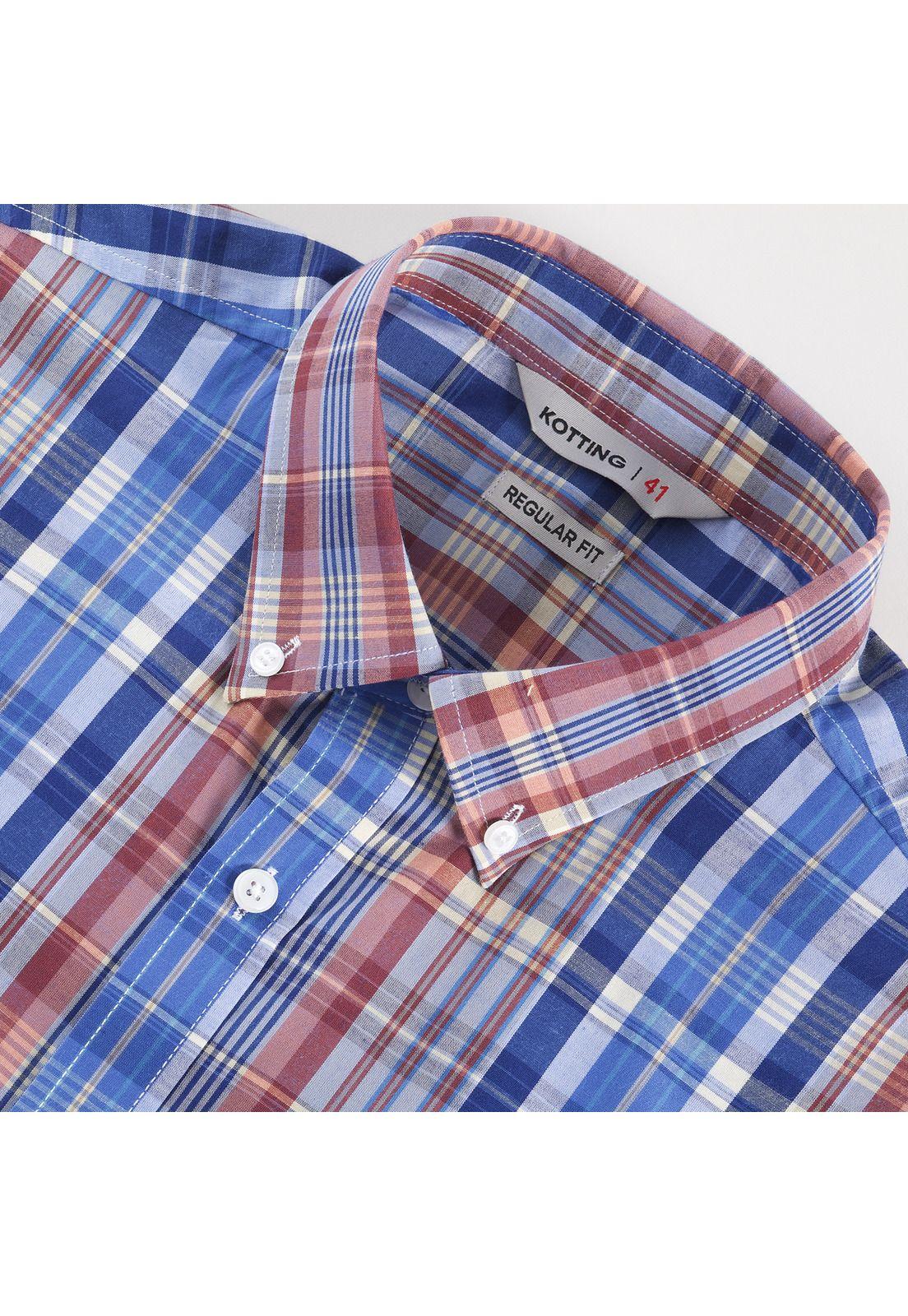 Camisa Manga Corta Fantasía Clásica Botón Cuello Regular Fit Botón Cuello Azul-3