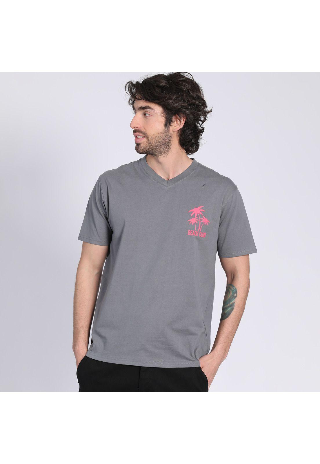 Polera Manga Corta Jersey Estampada Cuello V Gris oscuro-1
