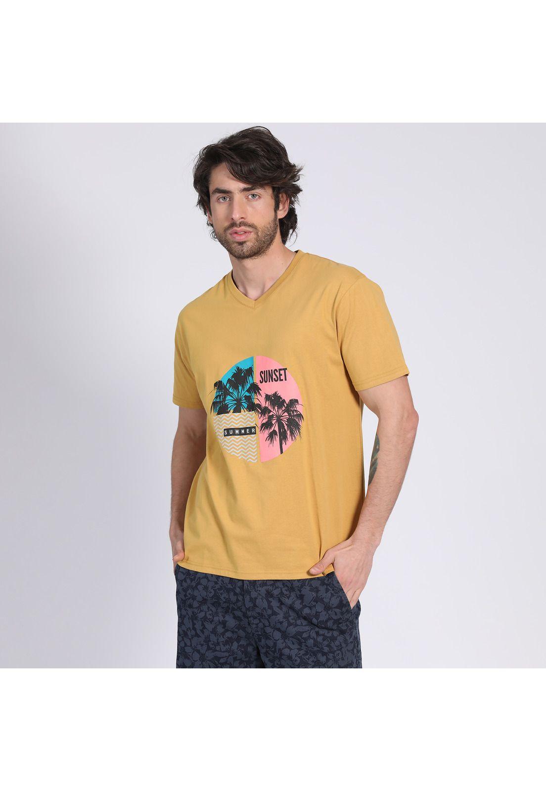 Polera Manga Corta Jersey Estampada Cuello V Ocre-2