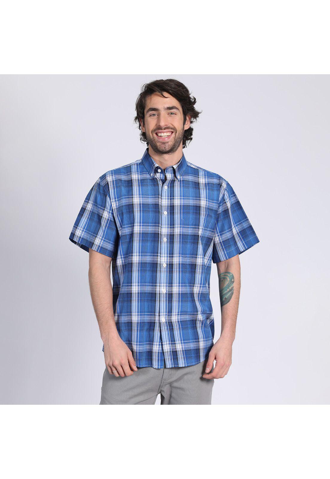 Camisa Manga Corta Fantasía Clásica Botón Cuello Regular Fit Botón Cuello Azul-1