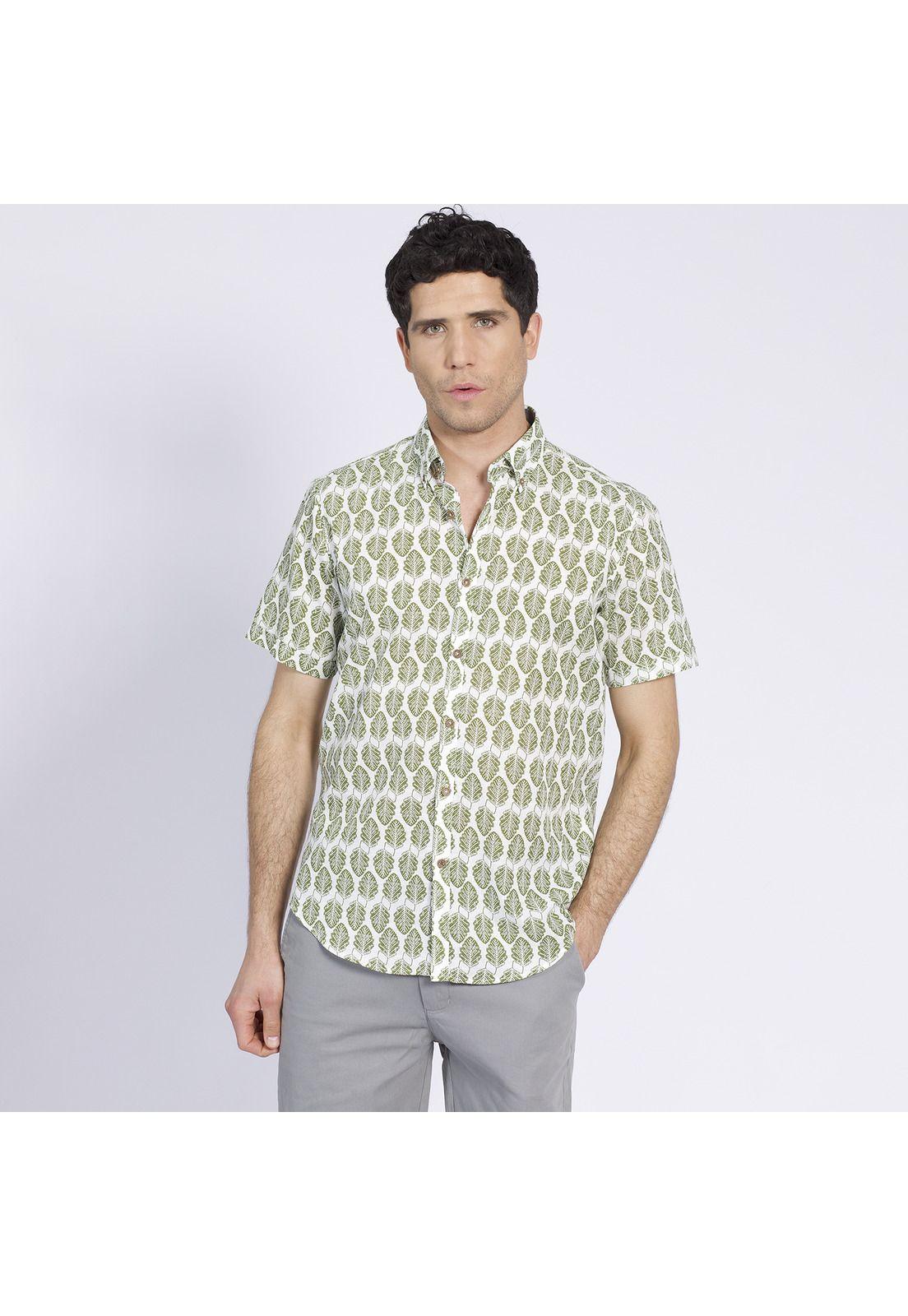 Camisa Manga Corta Estampada Diseño Slim Fit Botón Cuello Verde-2