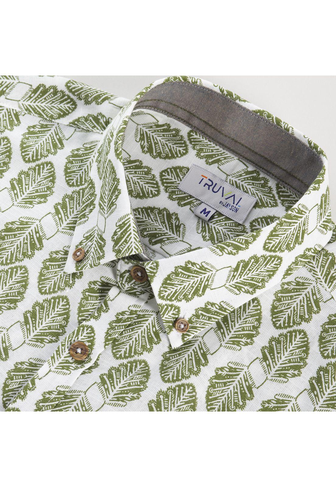 Camisa Manga Corta Estampada Diseño Slim Fit Botón Cuello Verde-3