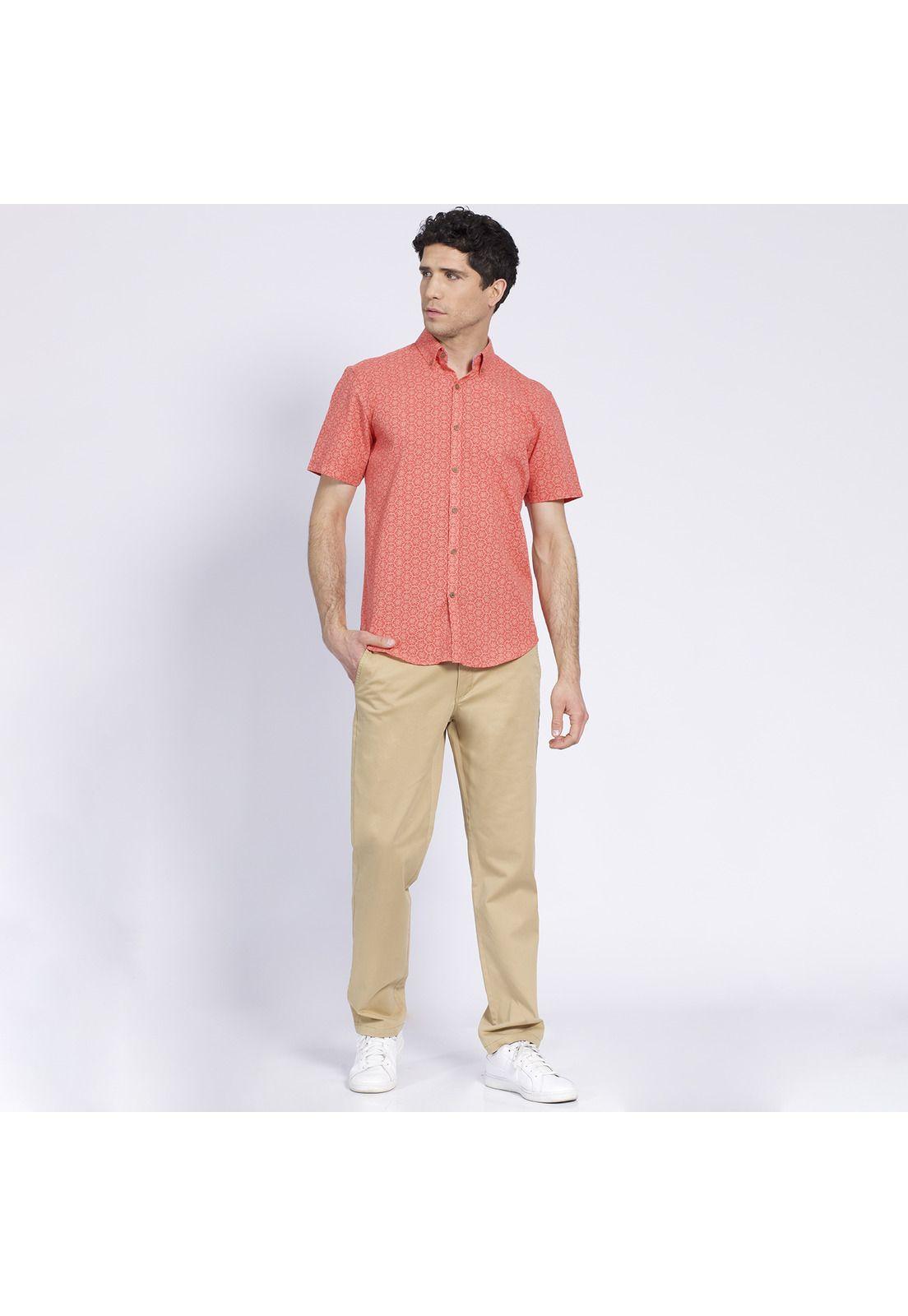 Camisa Manga Corta Estampada Diseño Slim Fit Botón Cuello Coral-0