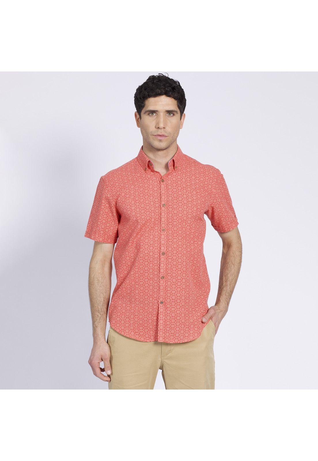 Camisa Manga Corta Estampada Diseño Slim Fit Botón Cuello Coral-2