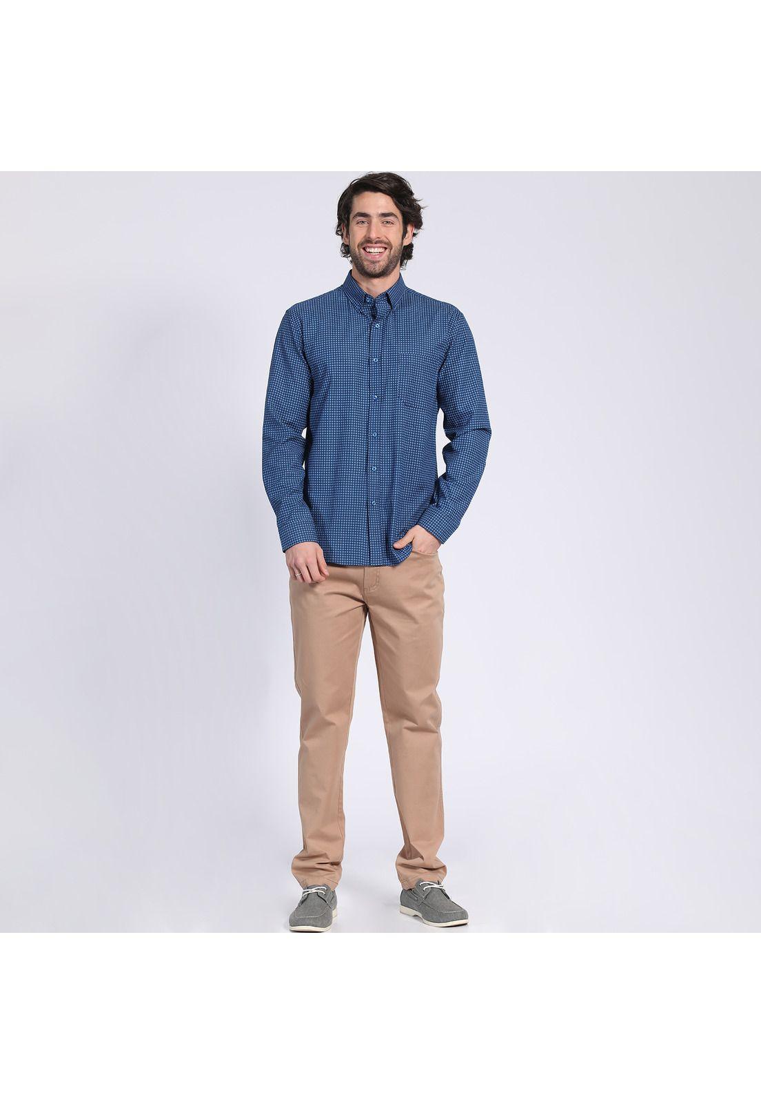 Camisa Manga Larga Fantasía Estampada Slim Fit Botón Cuello Azul-0