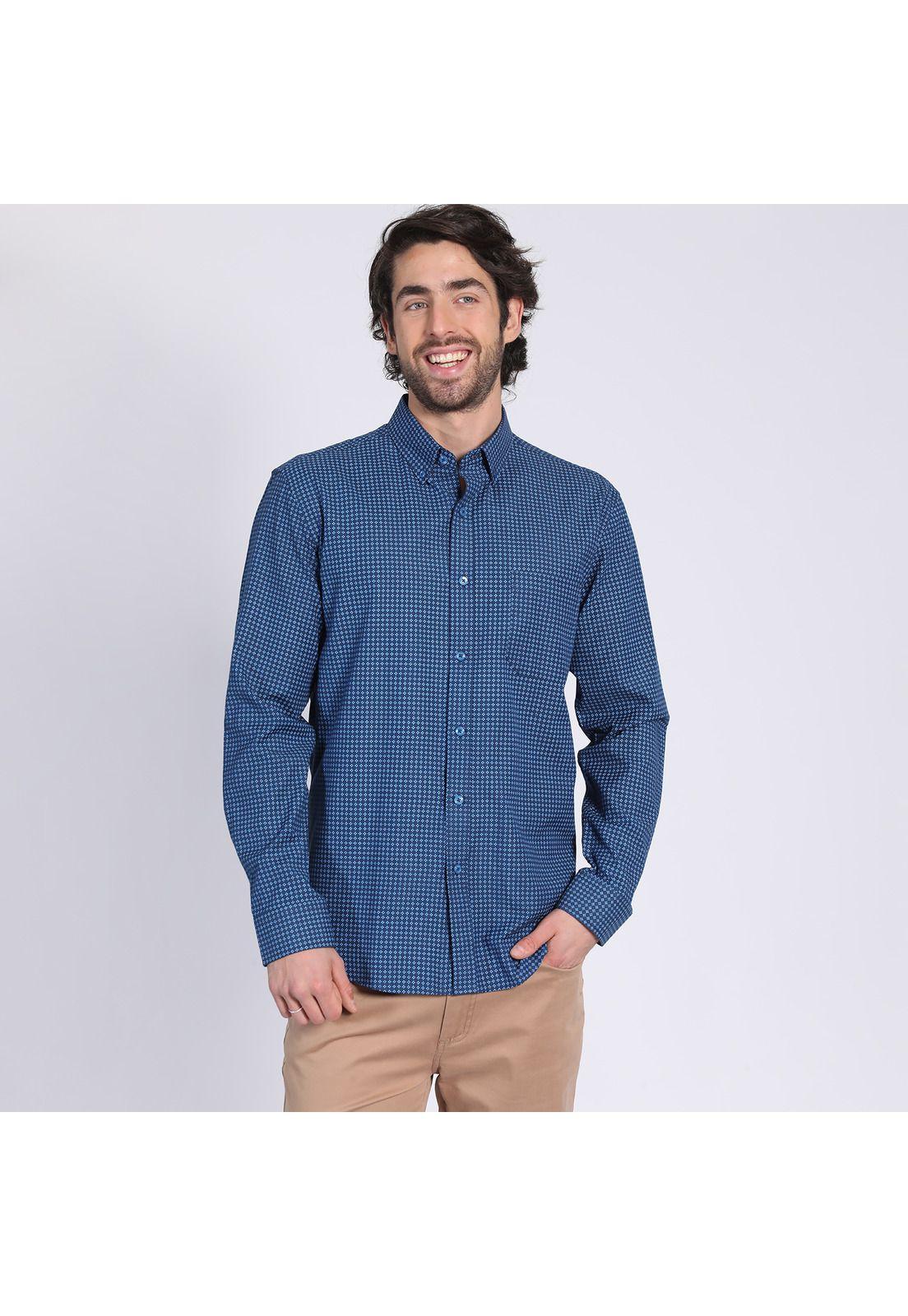Camisa Manga Larga Fantasía Estampada Slim Fit Botón Cuello Azul-1