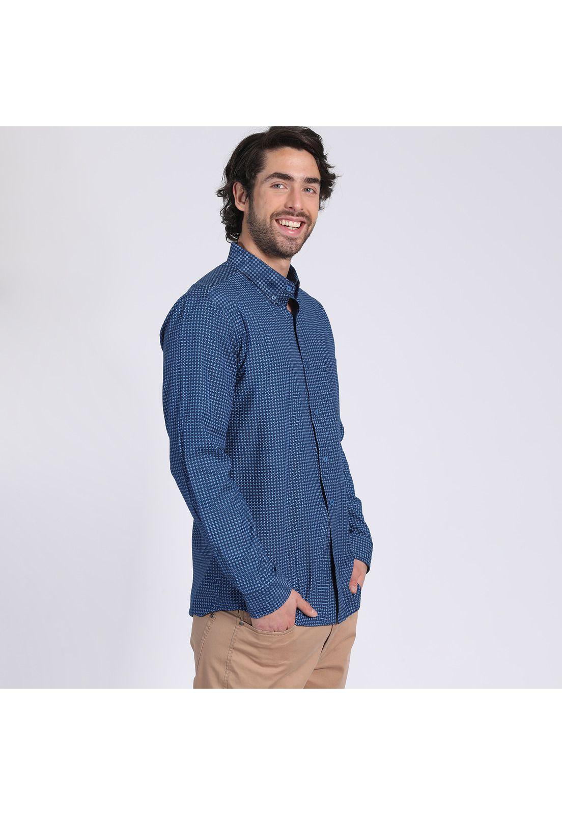 Camisa Manga Larga Fantasía Estampada Slim Fit Botón Cuello Azul-2