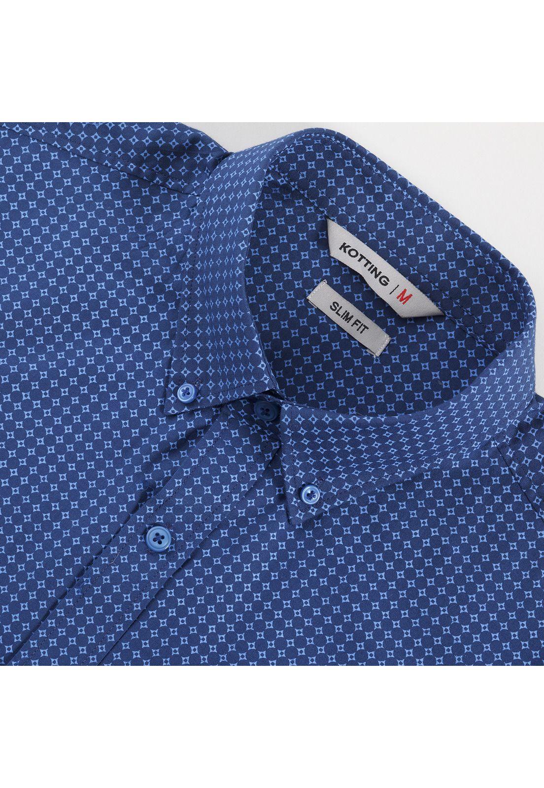 Camisa Manga Larga Fantasía Estampada Slim Fit Botón Cuello Azul-3